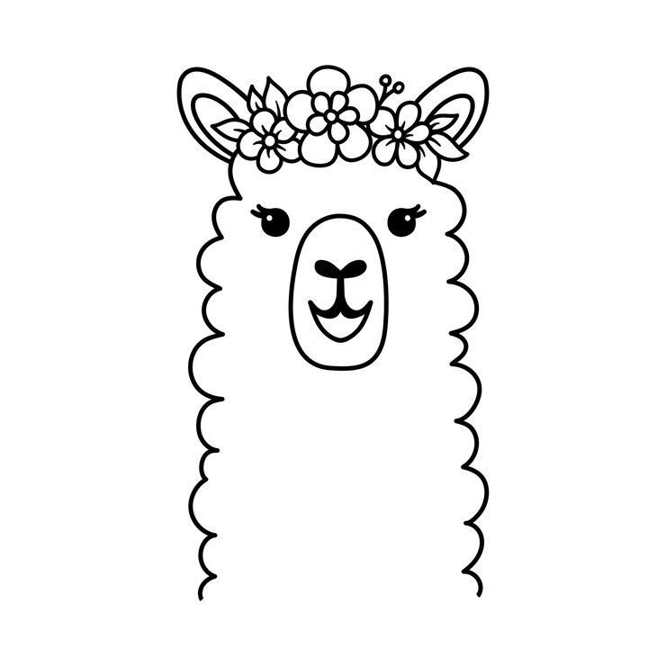 Vetor retrato engraçado desenhado à mão de lhama com guirlanda floral na cabeça desenho de linha preto e branco para colorir página ilustração em vetor contorno bonito isolada em branco