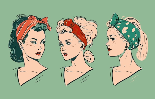 Retrato estilizado de uma colagem de estilo dos anos 50 de menina generative ai criatividade em quadrinhos verde anos 60 pintura retrô vintage belas expressões faciais conceito de moda ilustração em vetor