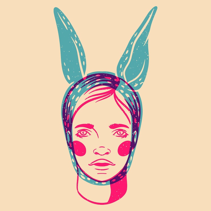 Vetor retrato estilizado de uma linda garota com máscara animal desenhada por linhas ilustração vetorial