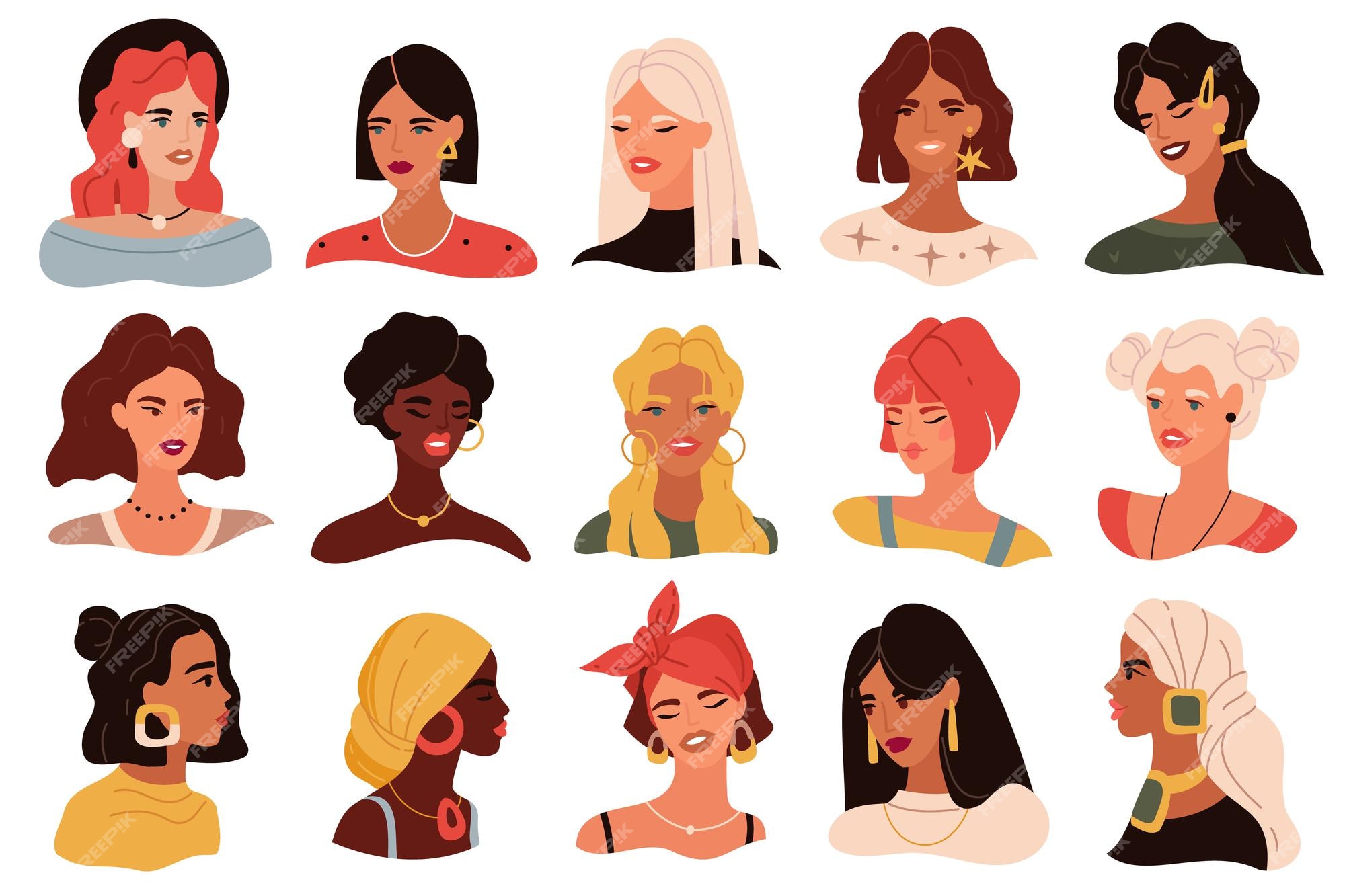 Multinacional Feminina Rosto Avatar Perfil Cabeças Com Cabelo Multi  Colorido. Meninas Com Penteados Diferentes. Ícones De Design Plano Isolado  No Fundo Branco. Mulheres Fechar Retratos. Ilustração Vetorial Royalty Free  SVG, Cliparts, Vetores