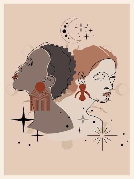 Retrato mínimo abstrato de meninas com diferentes cores de pele ficam juntos