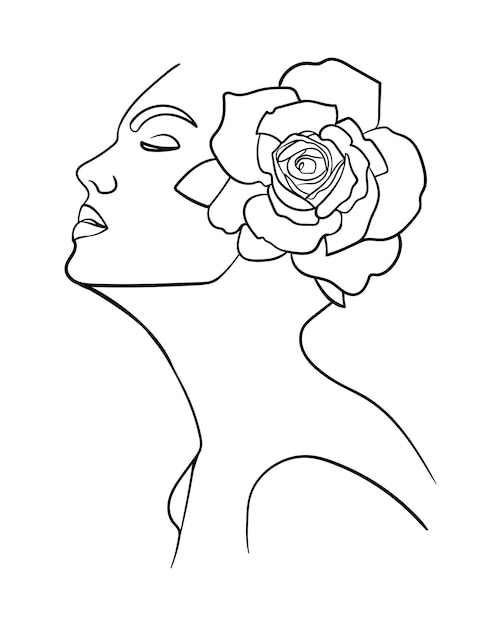 rosto de mulher desenho de linha única com flores arte em linha