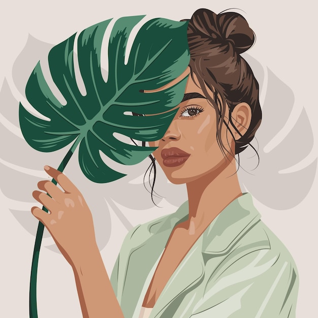 Retrato vetorial de jovem mulher com folha de monstera Ilustração de moda em estilo minimalista