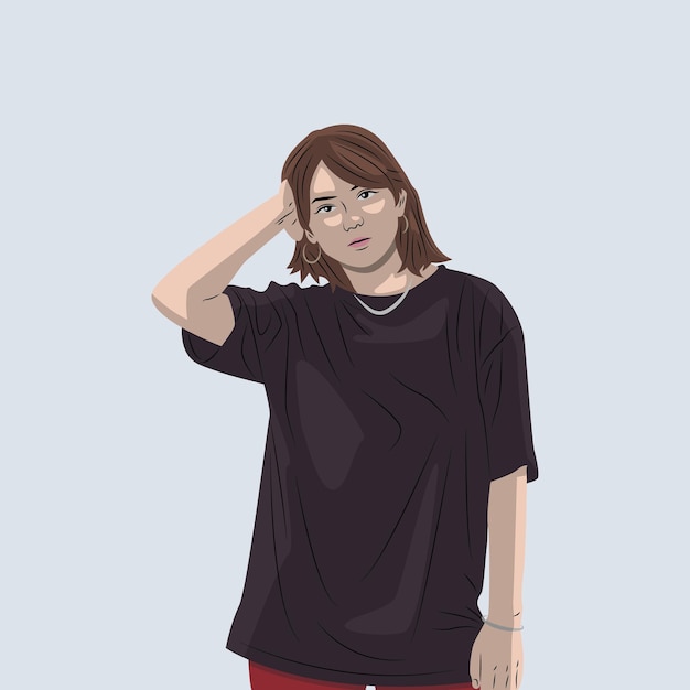 Retrato vetorial de uma linda garota com estilo vestindo uma camiseta preta