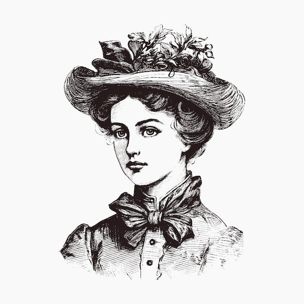 Retrato vetorial de uma mulher ilustração vintage em estilo de gravura isolada na era vitoriana branca