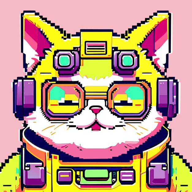 Vetor retrato vetorial pixelado de 8 bits gato robô gordo e bonito usando óculos sorrindo ombros largos