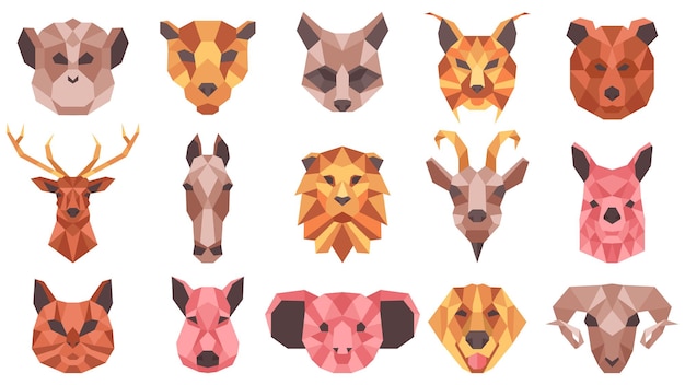 Retratos de baixo poli de animais geométricos poligonais. Rostos de animais selvagens e domésticos, gato, cavalo, guaxinim, conjunto de ilustração vetorial de cabra. Cabeças de animais geométricas