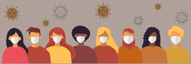 Retratos de diferentes nacionalidades têm diferentes tons de pele e cores de cabelo Todo mundo usa uma máscara médica Para prevenir a infecção por coronavírus vetor de design plano