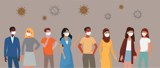 Retratos de diferentes nacionalidades têm diferentes tons de pele e cores de cabelo Todo mundo usa uma máscara médica Para prevenir a infecção por coronavírus vetor de design plano
