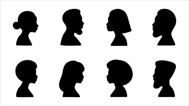Retratos de silhueta Diversos penteados Capas masculinas e femininas