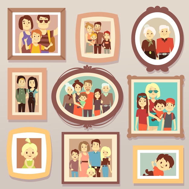Retratos de sorriso da foto da família grande nos quadros na ilustração do vetor da parede. quadro de retrato de família, mãe e pai, família feliz