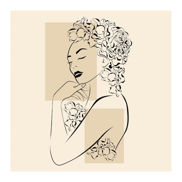 Vetor retratos femininos de arte de linha com flores na cabeça. ilustração vetorial isolada. criação de logo para salões de beleza.