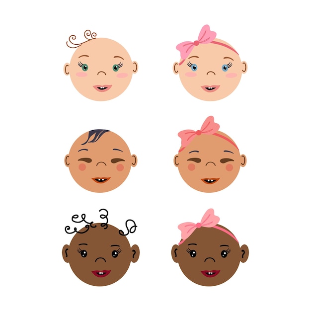 Retratos frontais de recém-nascidos a sorrir. conjunto de rostos de bebê multirraciais. pequenos meninos e meninas.