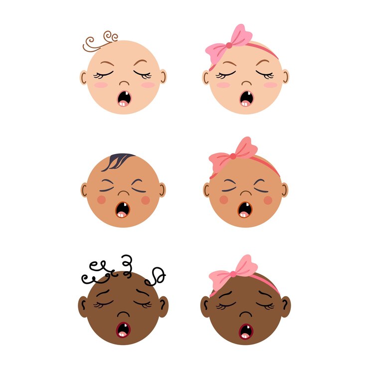 Vetor retratos frontais de recém-nascidos chorando. conjunto de rostos de bebê multirraciais. pequenos meninos e meninas.