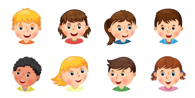Retratos infantis em estilo de desenho animado Ilustração vetorial de rostos de crianças bonitas coleção