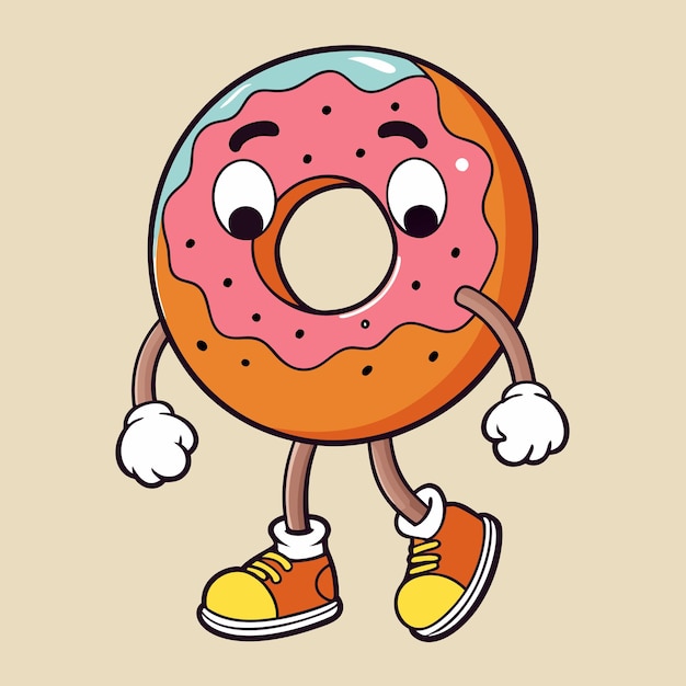 Retro Donut Character Uma ilustração divertida e peculiar de um donut caminhante vestindo tênis com olhos