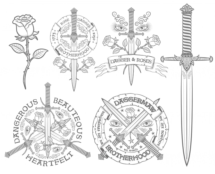 Vetor retrô emblema com uma adaga e rosa.
