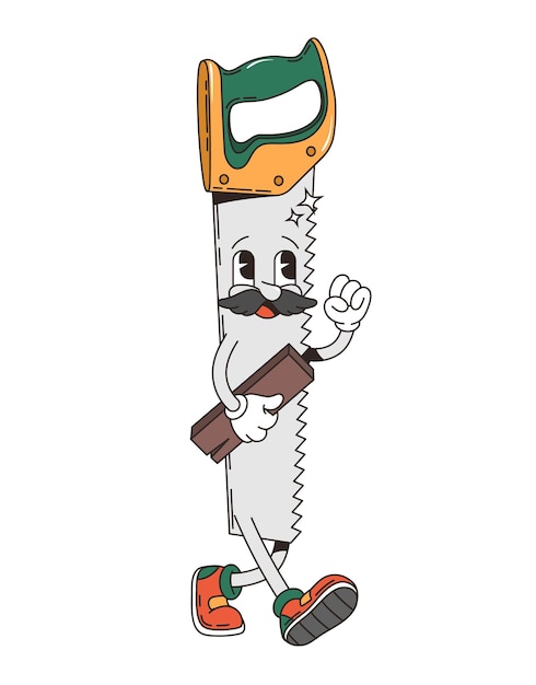 Retro groovy ferramenta de serra de mão desenho animado personagem engraçado