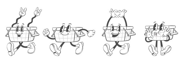 Retro groovy mascote de compras vintage carrinho de compras de desenhos animados e sacos personagens estilo mangueira de borracha