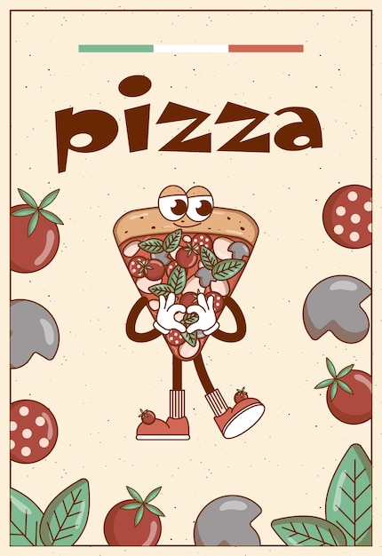 Retro groovy personagem de desenho animado fast food pizza cartaz com mascote vintage psicodélico sorriso emoção funky ilustração vetorial