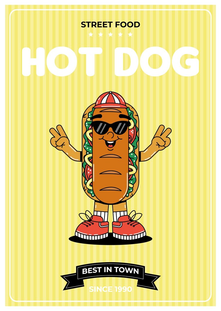 Vetor retro groovy personagem de desenho animado pôster de fast food vintage mascote cachorro-quente com sorriso psicodélico e emoção ilustração vetorial funky
