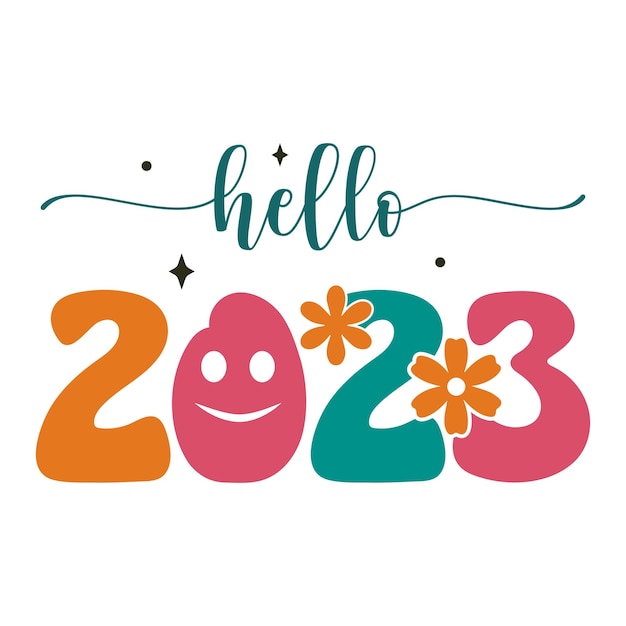 Retrô olá 2023 cara sorridente retrô ano novo tipografia impressão templete feliz ano novo 2023
