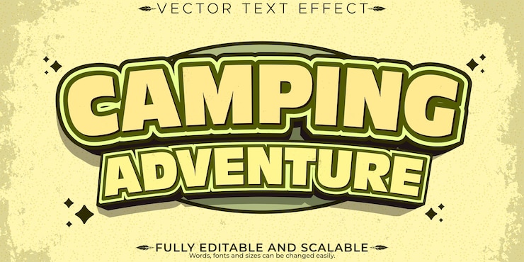 Vetor retro vintage camping aventura efeito de texto editável estilo de texto dos anos 70 e 80