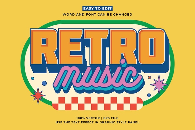 Retro vintage efeito de texto editável retro music 3d estilo de desenho animado vetor premium