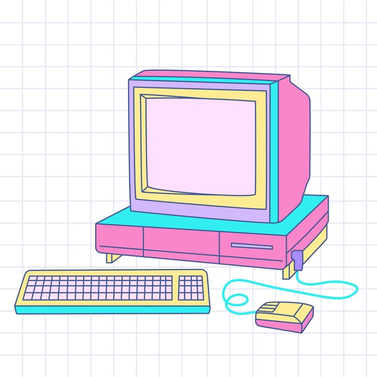 Retrowave y2k pc Um computador antigo com um monitor CRT em um fundo de grade