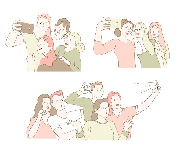 Reunião de colegas de classe ou reunião de amigos com selfie ou foto de grupo
