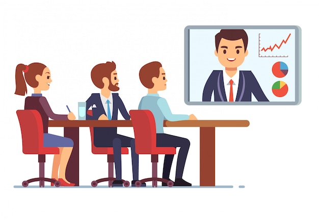 Reunião de vídeo na sala de reuniões do escritório com ceo e funcionários. Trabalho em equipe de negócios e conceito de vetor de comunicação on-line digital