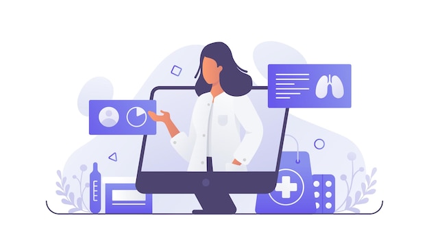 Reunião on-line com médica feminina Prescrição de tratamento e aconselhamento Personagem de desenho animado fornecendo serviço de saúde moderno via Internet Processo de dar consultas on-line aos pacientes Vector