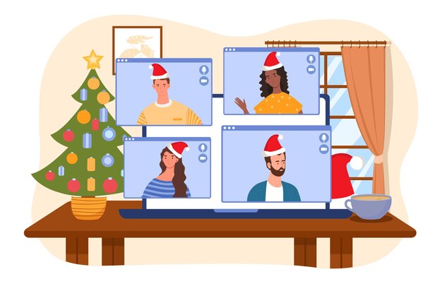 Reunião on-line no fim-de-semana de Natal homens e mulheres com chapéus de Papai Noel se comunicam através de ligação de vídeo amigos