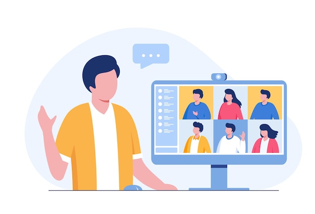 Reunião online com computador, videoconferência, vetor de ilustração plana de conceito de trabalho em equipe