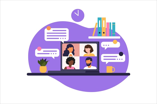 Reunião online por chamada em grupo. Pessoas na tela do computador falando com um colega ou amigo. Videoconferência de conceito de ilustrações, reunião on-line ou trabalho em casa. Ilustração vetorial no apartamento.