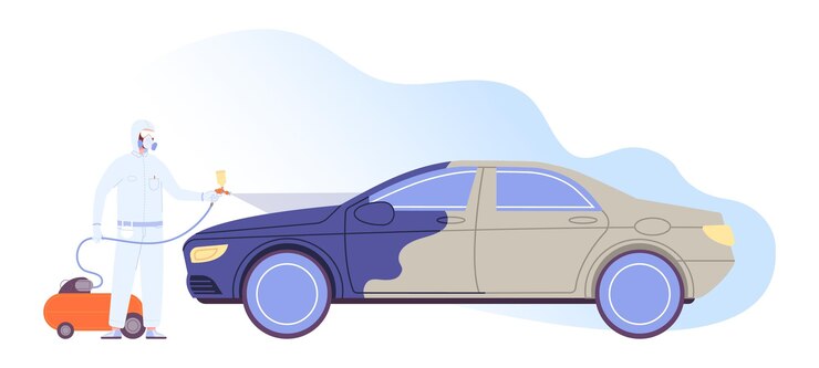 Vetor revestimento de pintura de carro pintor automático com spray de arma de aerógrafo para cabine de pintura automotiva mudança de cor anúncio de proteção de carroceria em carros de porta ilustração vetorial esplêndida