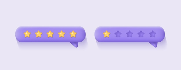 Vetor revisão de cliente 3d feedback de clientes conceito classificação de estrelas baixas e altas em fundo roxo ilustração vetorial realista para site ou aplicativos móveis