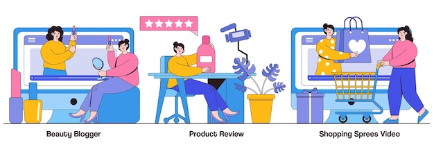 Revisão do produto do blogueiro de beleza conceito de vídeo de farras de compras com personagem de pessoas Tutoriais em vídeo conjunto de ilustração vetorial abstrata Metáfora de streaming de vlogger de marketing de influenciadores