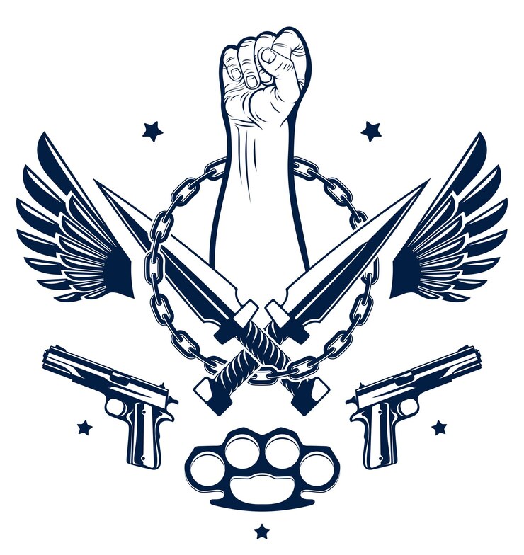 Vetor revolução e riot agressivo emblema ou logotipo com punho cerrado forte, armas e diferentes elementos de design, tatuagem vetorial, anarquia e caos, rebelde partidário e revolucionário.