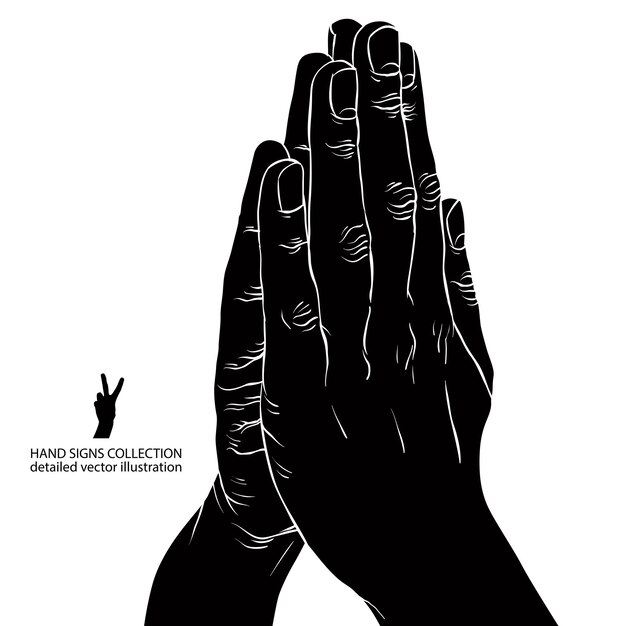 Vetor rezando as mãos, ilustração detalhada do vetor preto e branco.