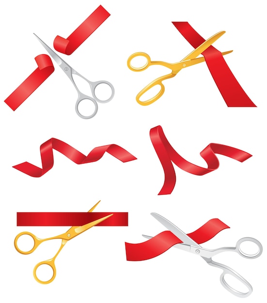 Ribbon & scissors - um vetor moderno realista de diferentes objetos. fundo branco. use esses elementos de clip-art de qualidade para o seu design. corte a fita vermelha, abra um show, concerto, loja.