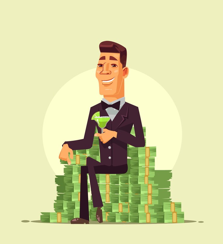 Vetor rico, rico, feliz, sorridente, empresário, trabalhador, empresário, personagem, sentado na pilha