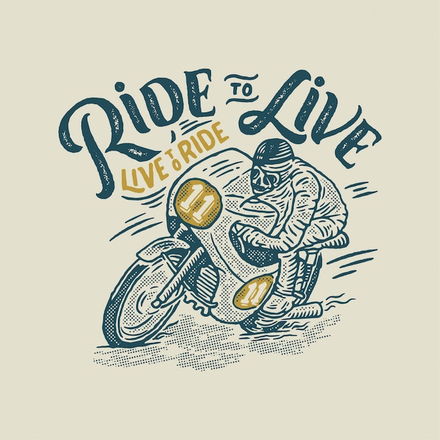 Vetor ride to live live to ride - caveira livrando superbike motocicleta vintage
