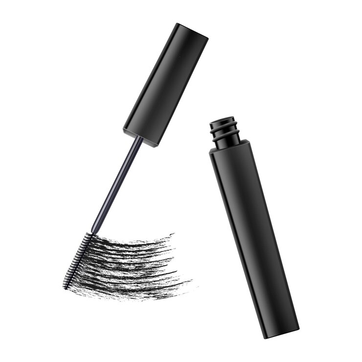 Vetor rímel e pincel preto conceito de beleza de objeto cosmético ilustração em vetor 3d realista isolada no fundo branco modelo de banner de moda de rímel para publicidade ou página de revista