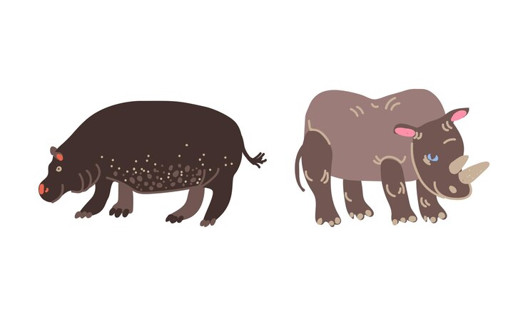 Vetor rinoceronte e hipopótamo como um conjunto de vetores animais africanos