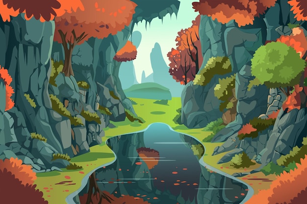 Rio de fundo nas rochas na ilustração cativante do desenho plano dos desenhos animados captura o