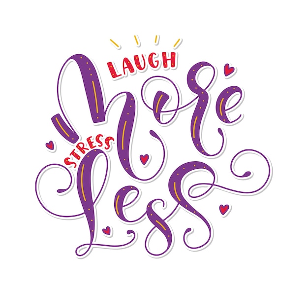 Rir mais estressar menos letras multicoloridas com elementos de doodle