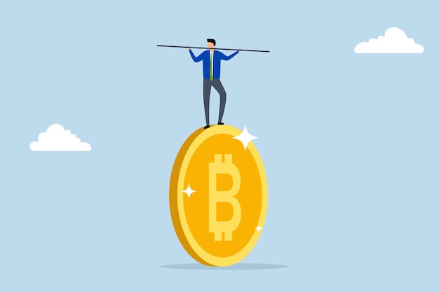 Risco de investimento em Bitcoin e criptomoedas Investidor de negócios se apresentando como um caminhante de corda estreita em um enorme bitcoin