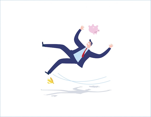 risco e falta de pessoas de negócios conceito vector design plano ilustração de fundo. Homem negócios, escorregar, ligado, um, casca banana