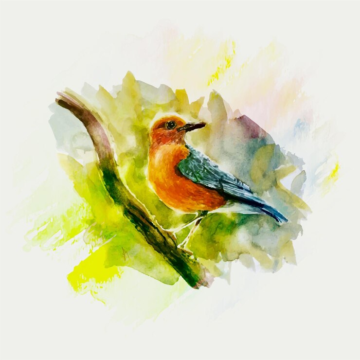 Vetor robin em um ramo de flores desenho aquarela em um fundo branco
